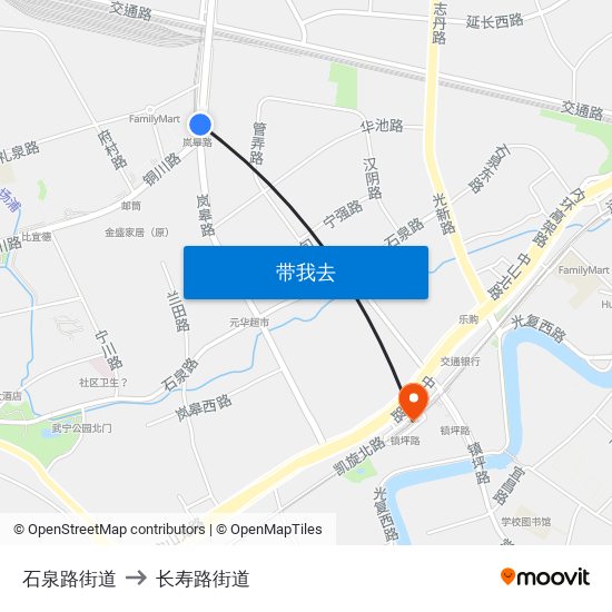 石泉路街道 to 长寿路街道 map