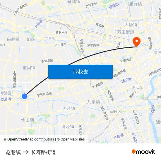 赵巷镇 to 长寿路街道 map