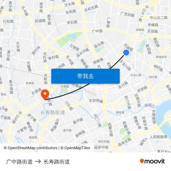 广中路街道 to 长寿路街道 map