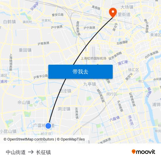 中山街道 to 长征镇 map