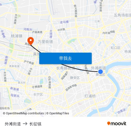 外滩街道 to 长征镇 map