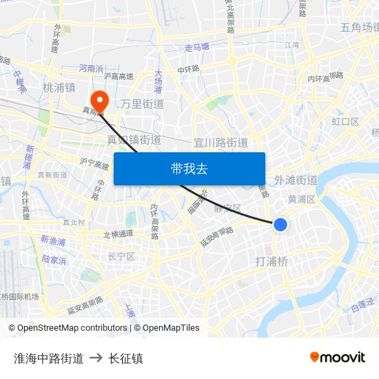 淮海中路街道 to 长征镇 map