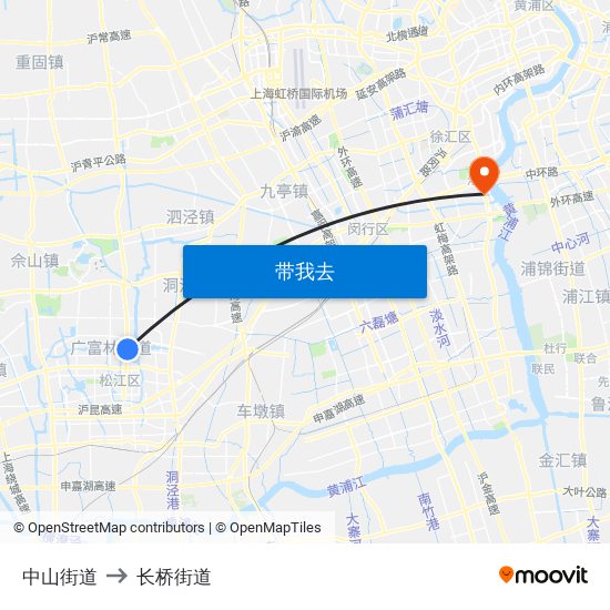 中山街道 to 长桥街道 map