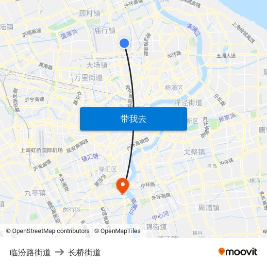 临汾路街道 to 长桥街道 map