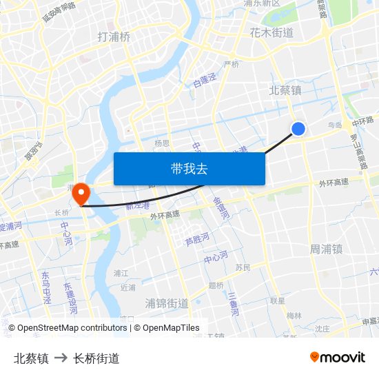 北蔡镇 to 长桥街道 map