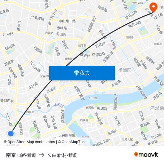 南京西路街道 to 长白新村街道 map