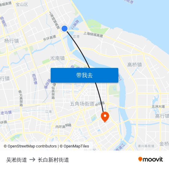 吴淞街道 to 长白新村街道 map