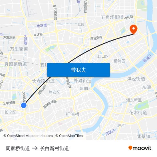 周家桥街道 to 长白新村街道 map