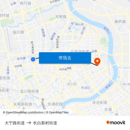 大宁路街道 to 长白新村街道 map