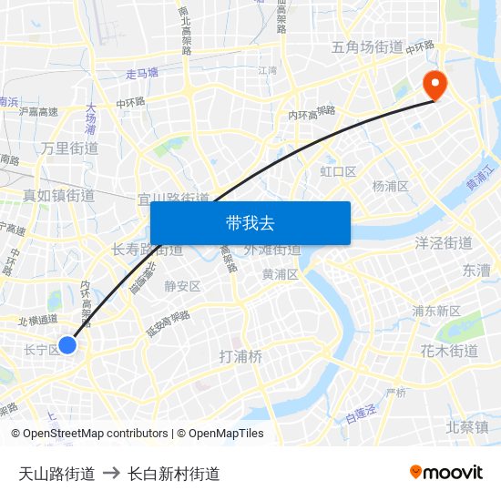 天山路街道 to 长白新村街道 map