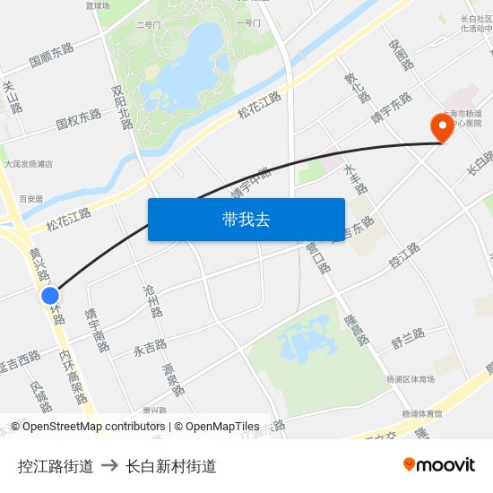 控江路街道 to 长白新村街道 map