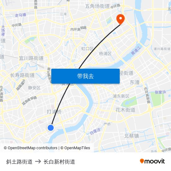 斜土路街道 to 长白新村街道 map