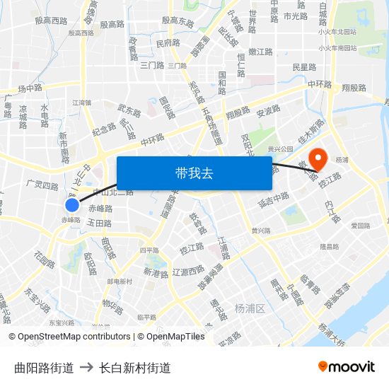 曲阳路街道 to 长白新村街道 map