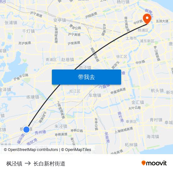 枫泾镇 to 长白新村街道 map
