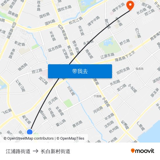 江浦路街道 to 长白新村街道 map
