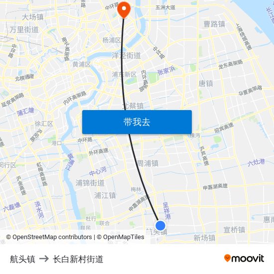 航头镇 to 长白新村街道 map