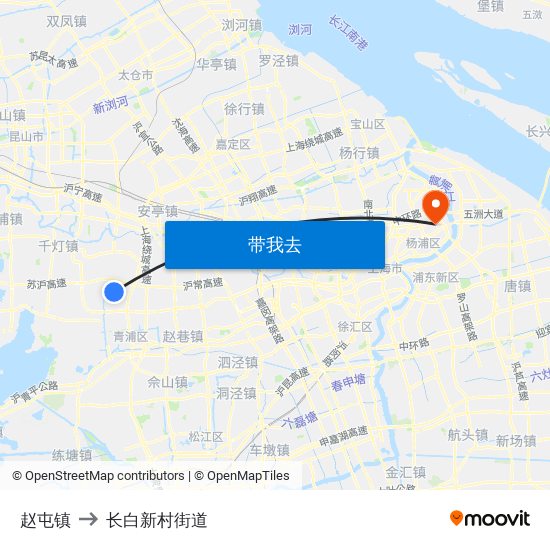 赵屯镇 to 长白新村街道 map