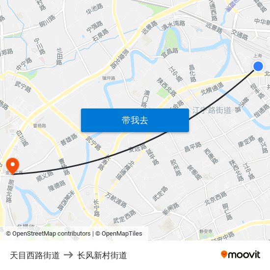 天目西路街道 to 长风新村街道 map