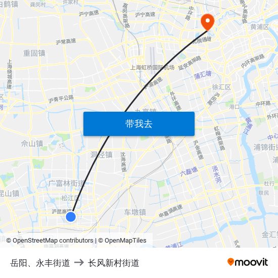 岳阳、永丰街道 to 长风新村街道 map