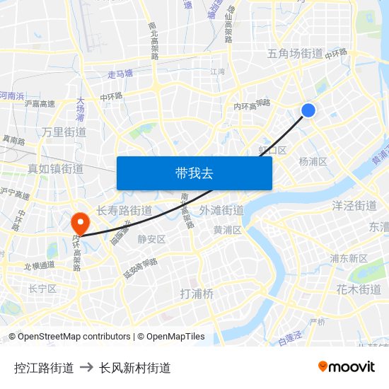 控江路街道 to 长风新村街道 map