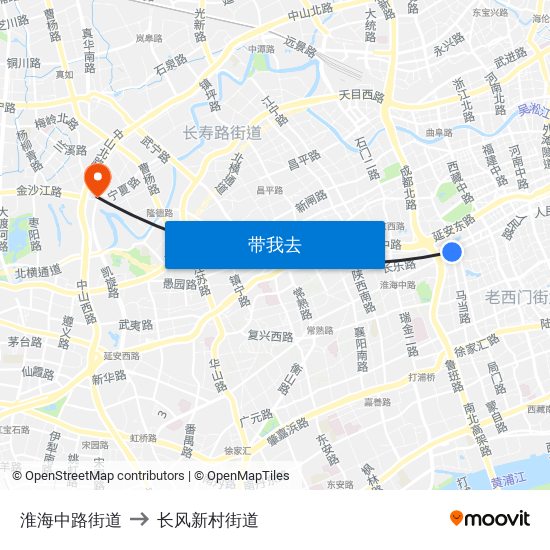 淮海中路街道 to 长风新村街道 map