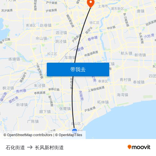 石化街道 to 长风新村街道 map
