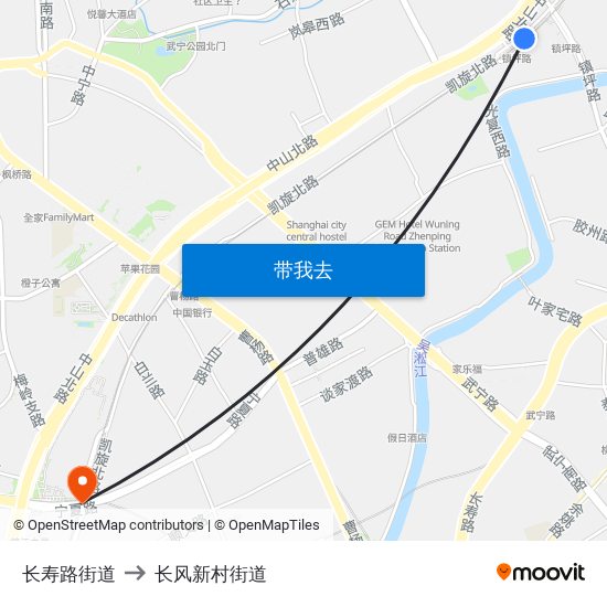 长寿路街道 to 长风新村街道 map
