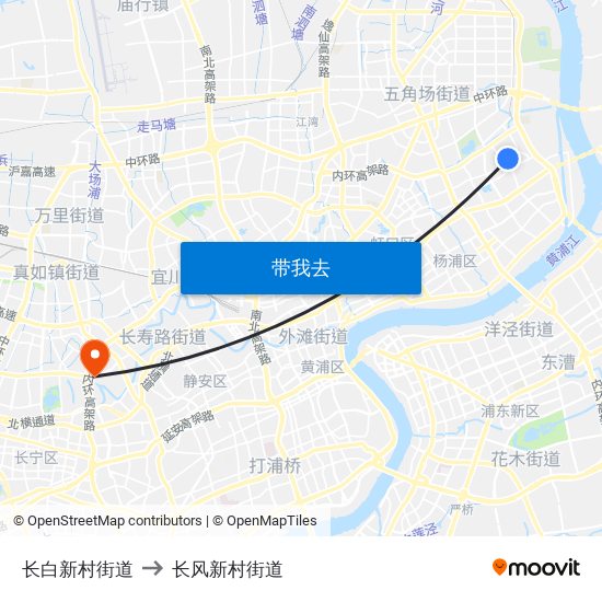 长白新村街道 to 长风新村街道 map