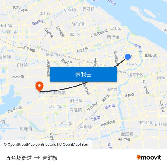 五角场街道 to 青浦镇 map