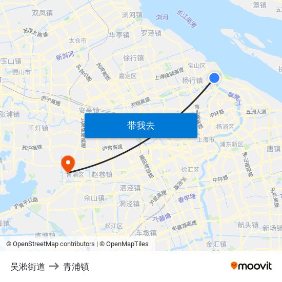 吴淞街道 to 青浦镇 map