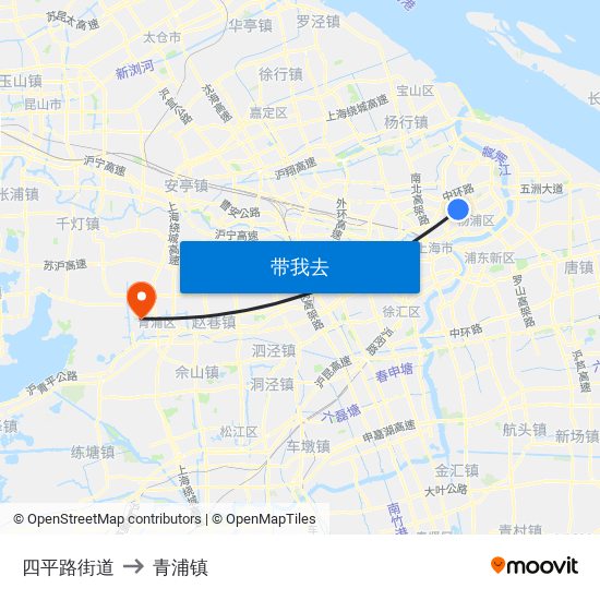 四平路街道 to 青浦镇 map