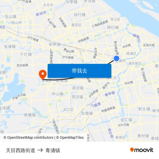 天目西路街道 to 青浦镇 map