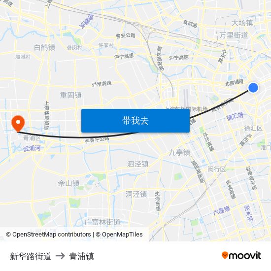 新华路街道 to 青浦镇 map
