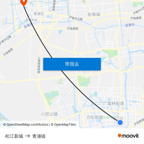 松江新城 to 青浦镇 map