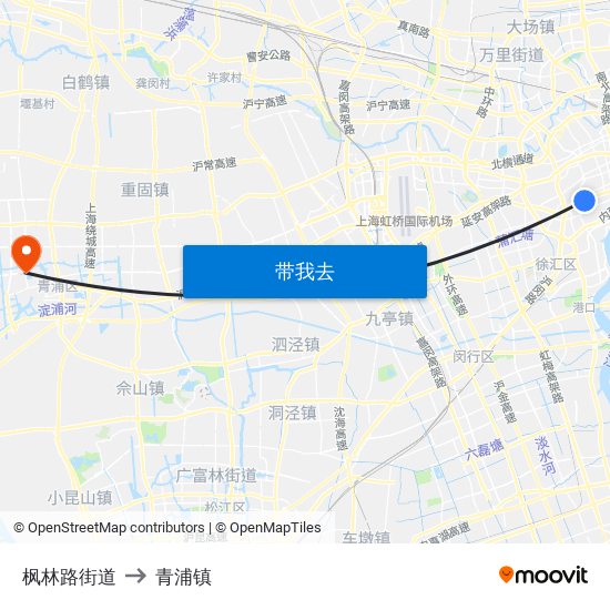 枫林路街道 to 青浦镇 map