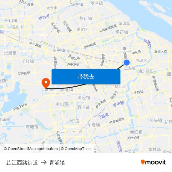 芷江西路街道 to 青浦镇 map