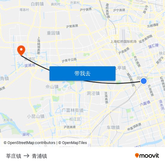 莘庄镇 to 青浦镇 map