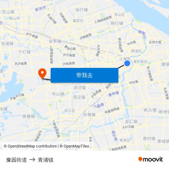 豫园街道 to 青浦镇 map