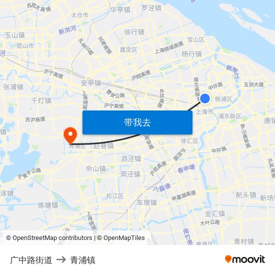 广中路街道 to 青浦镇 map