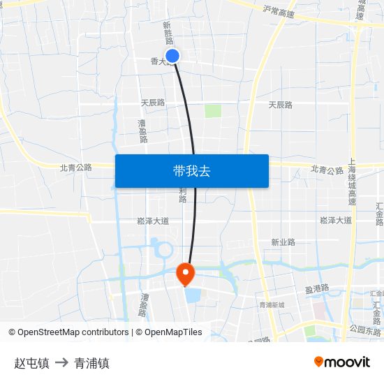 赵屯镇 to 青浦镇 map