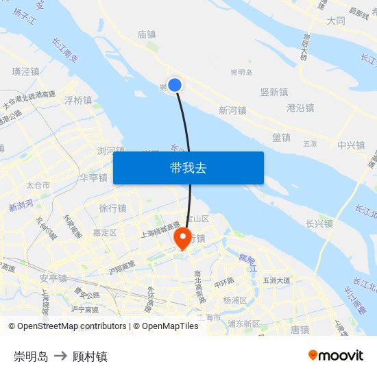 崇明岛 to 顾村镇 map