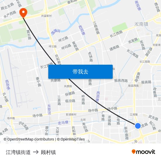 江湾镇街道 to 顾村镇 map