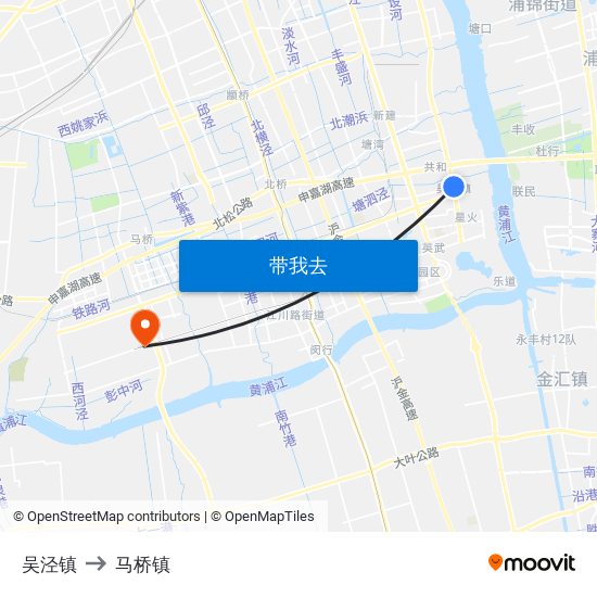 吴泾镇 to 马桥镇 map