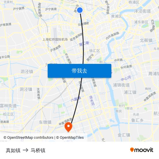 真如镇 to 马桥镇 map