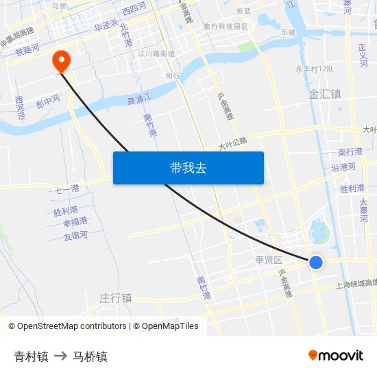 青村镇 to 马桥镇 map