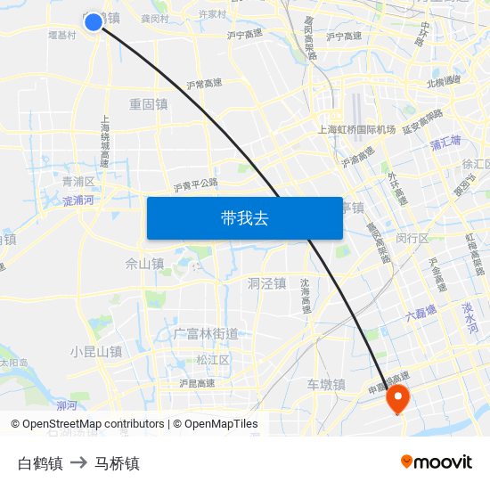 白鹤镇 to 马桥镇 map