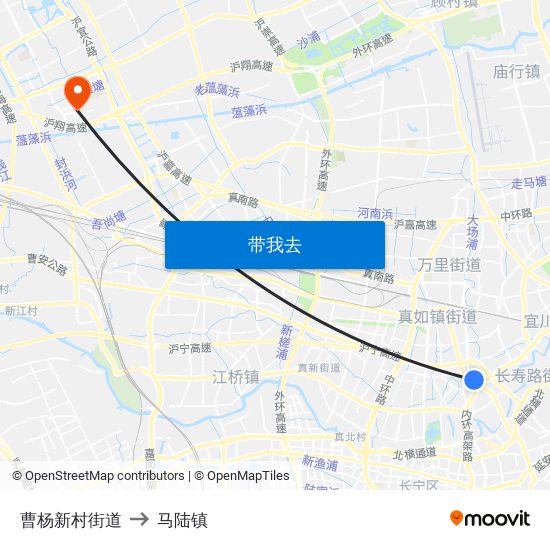 曹杨新村街道 to 马陆镇 map
