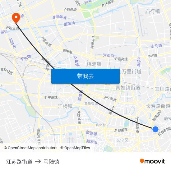 江苏路街道 to 马陆镇 map