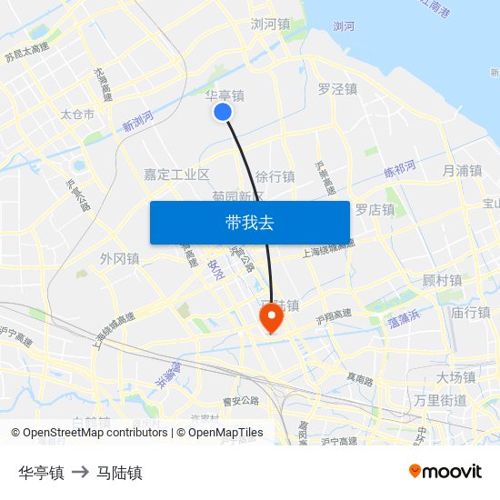 华亭镇 to 马陆镇 map