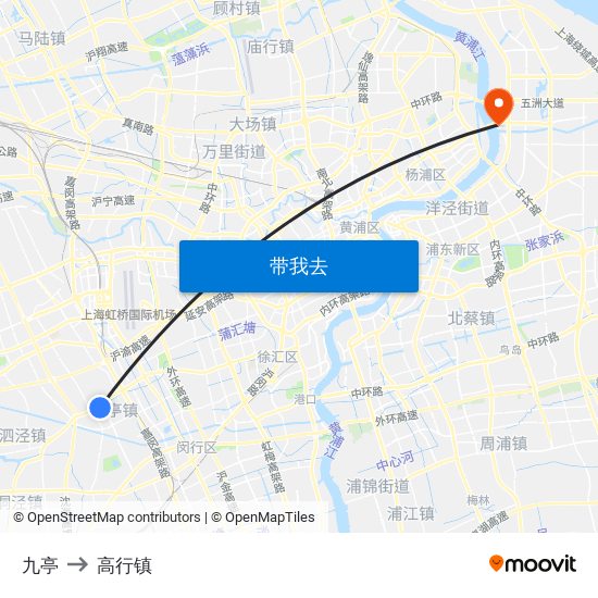 九亭 to 高行镇 map